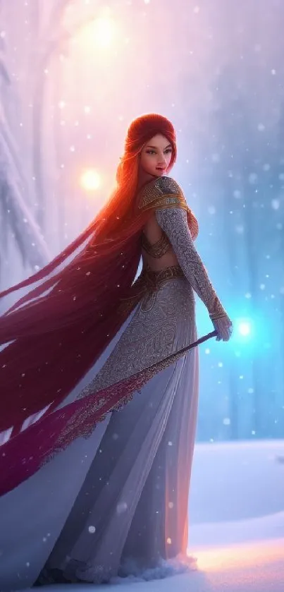 Fantasy scene of a red-haired sorceress in a snowy landscape with magical light.