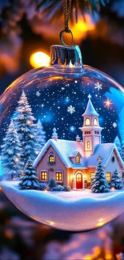 A charming winter village in a Christmas ornament, glowing softly with snowflakes.