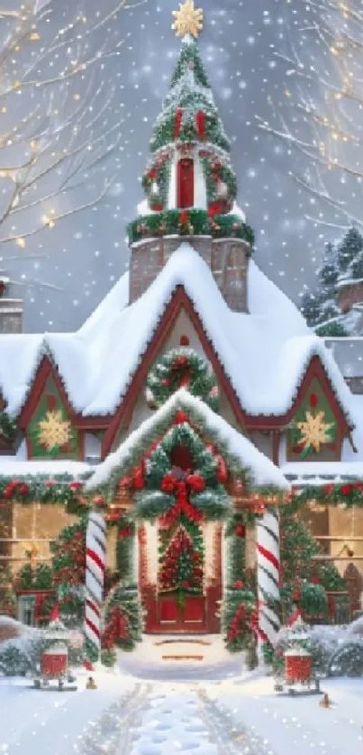 Snow-covered holiday cottage with festive decorations.