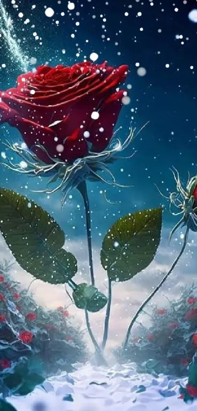 Three red roses surrounded by snow in a magical winter landscape.