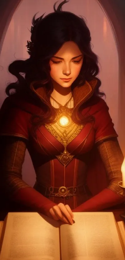 A sorceress reading by candlelight in a mystical setting.