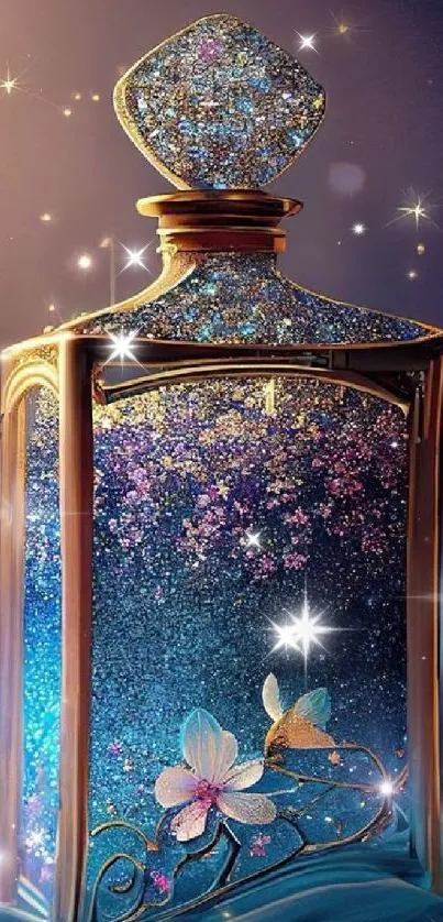 Glittering bottle with butterflies and stars in blue and gold hues.