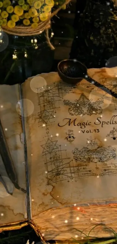 Old spellbook with candles and flowers creating a mystical ambiance.