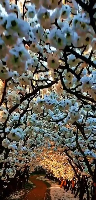 Path through blossoming trees under a blue sky.