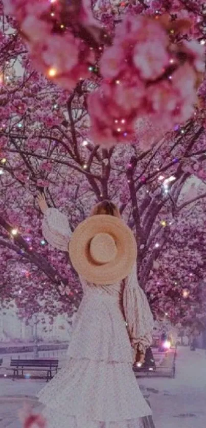 Woman walks under pink cherry blossom trees, adorned with a straw hat.