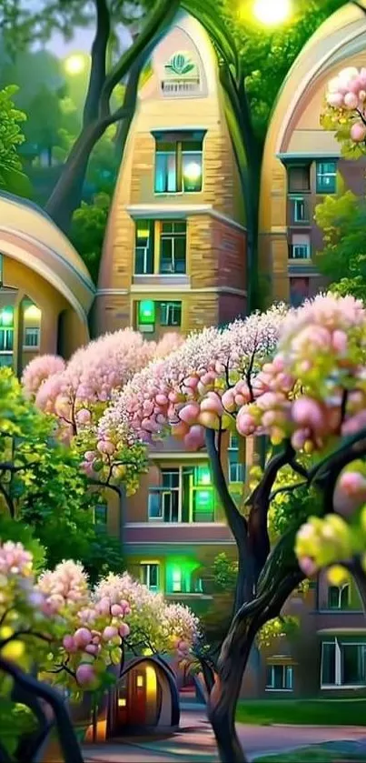 Mobile wallpaper of a vibrant building with lush greenery and pink blossoms.