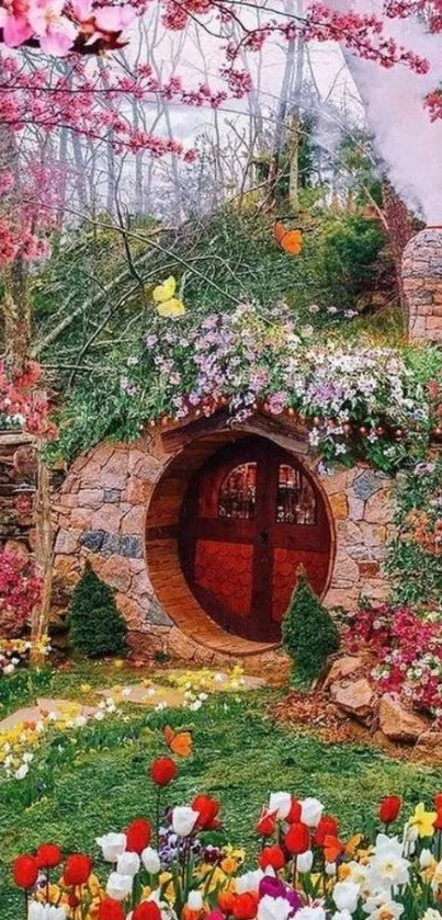 Whimsical hobbit home with spring blooms.