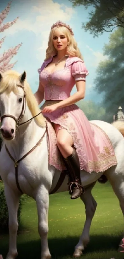 Princess in pink dress on white horse in blooming garden wallpaper.