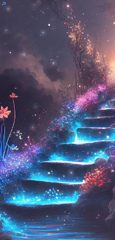 Mystical staircase with glowing flowers under a starlit sky.