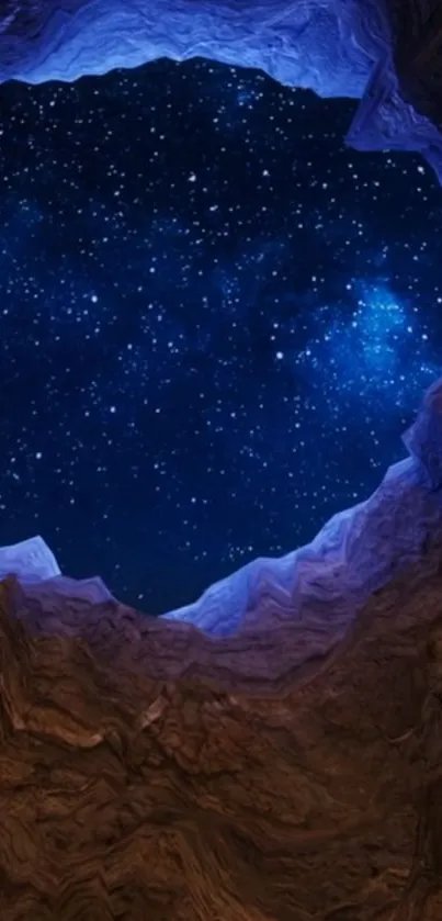 Starry night sky through a rocky cave opening with dark blue hues.