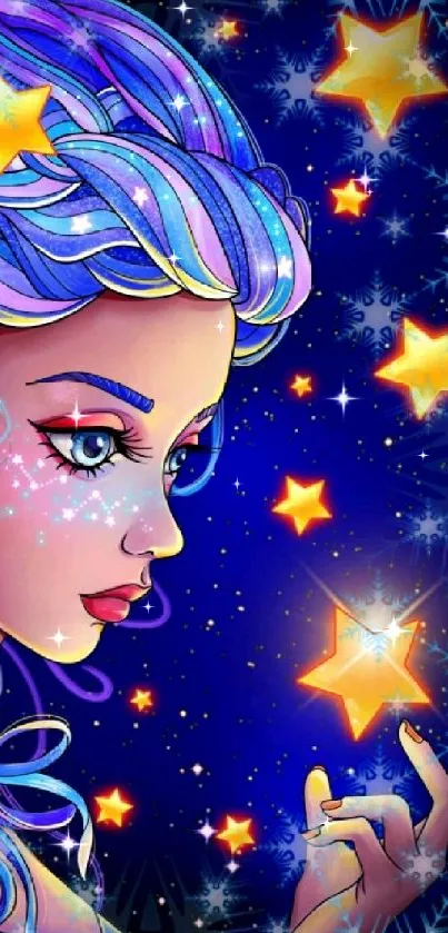 Fantasy artwork of a blue-haired girl with stars.