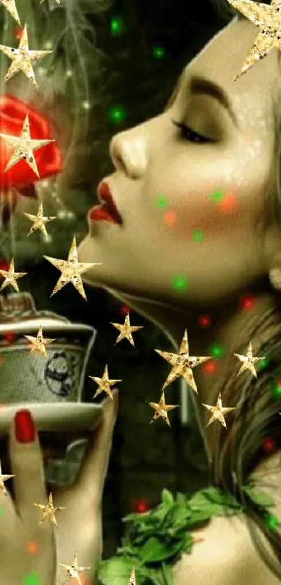 Whimsical woman with floating stars and mystical smoke in fantasy art wallpaper.