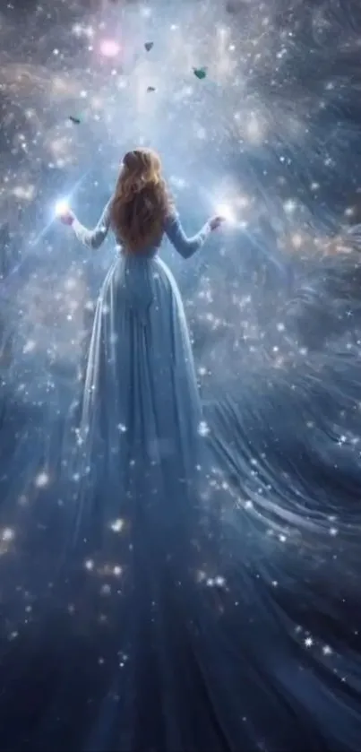 Woman in a flowing dress amidst a starry and mystical night scene.