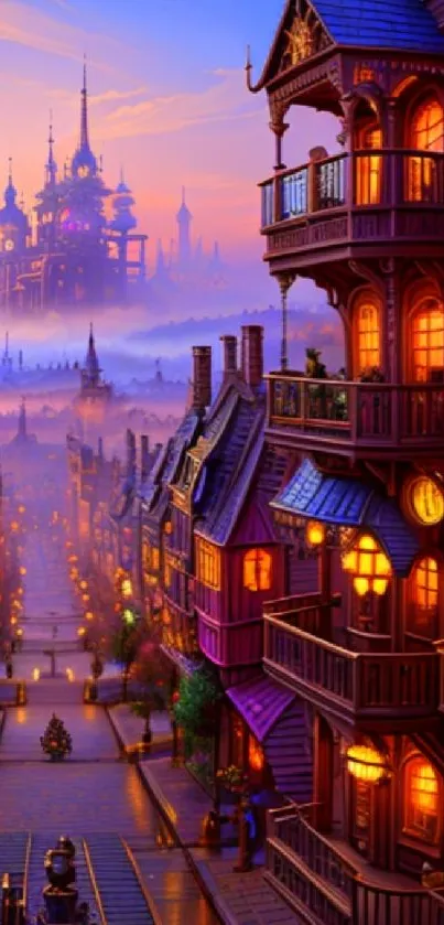 Steampunk cityscape with Victorian architecture and glowing lights under a purple sunset.