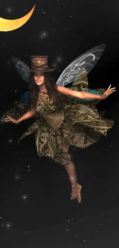 Steampunk fairy with cosmic backdrop and moon, mobile wallpaper.