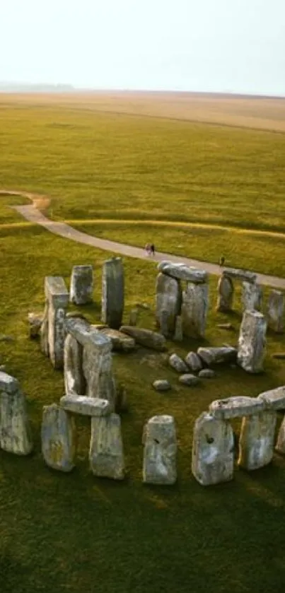 Aerial view of Stonehenge surrounded by green fields.