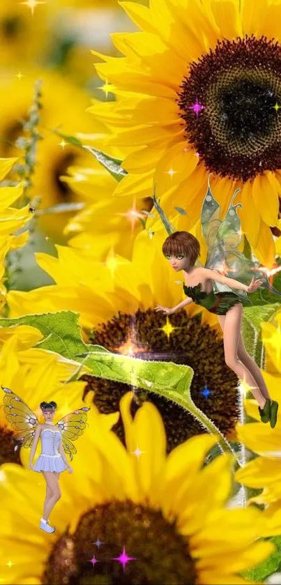 Colorful fairies flutter in a field of vibrant sunflowers.