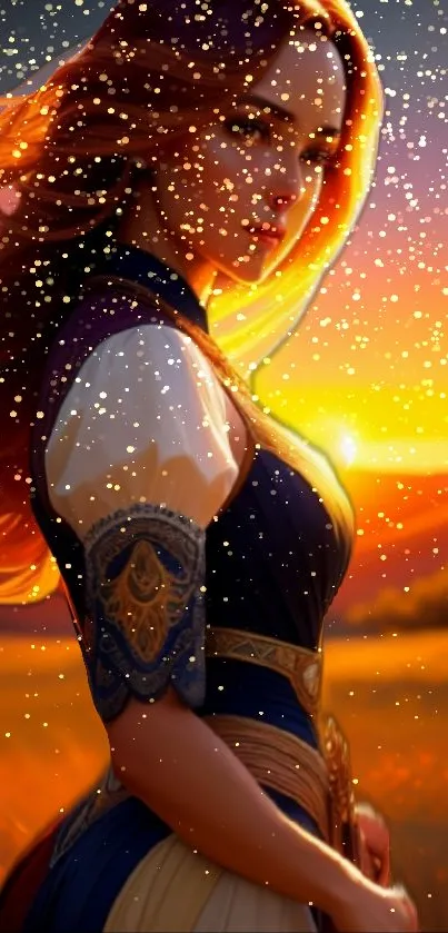 Artistic woman with sunset background and golden sparkles.