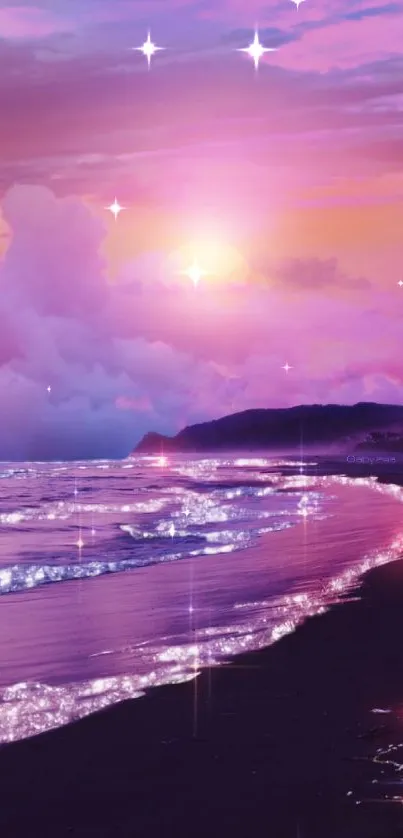 Magical sunset view with glowing beach and vibrant purple sky.