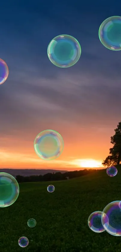 A serene sunset landscape with floating bubbles and vibrant colors.