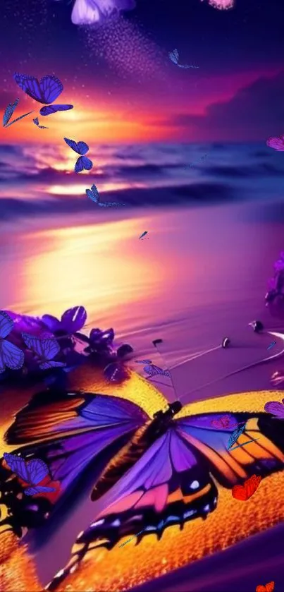 Butterfly at sunset with ocean backdrop, vibrant colors.