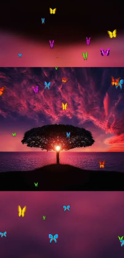 Vivid sunset with tree silhouette and colorful butterflies.