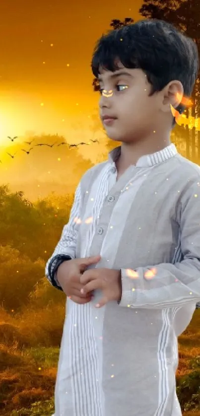 Portrait of a child in white attire at mystical sunset with forest background.