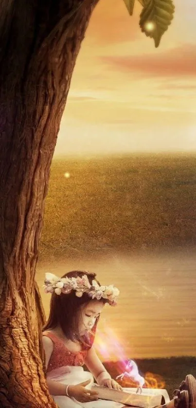 Fantasy wallpaper featuring a girl reading under a tree at sunset.