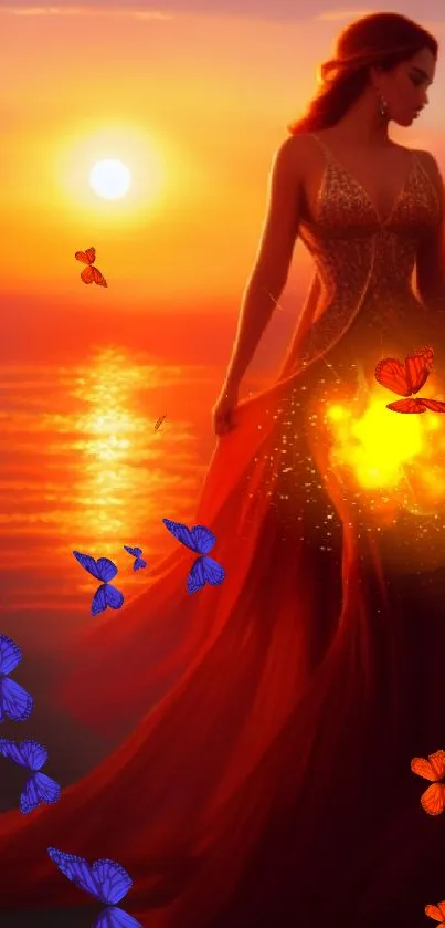 Lady in red gown glowing in a stunning sunset over the ocean.