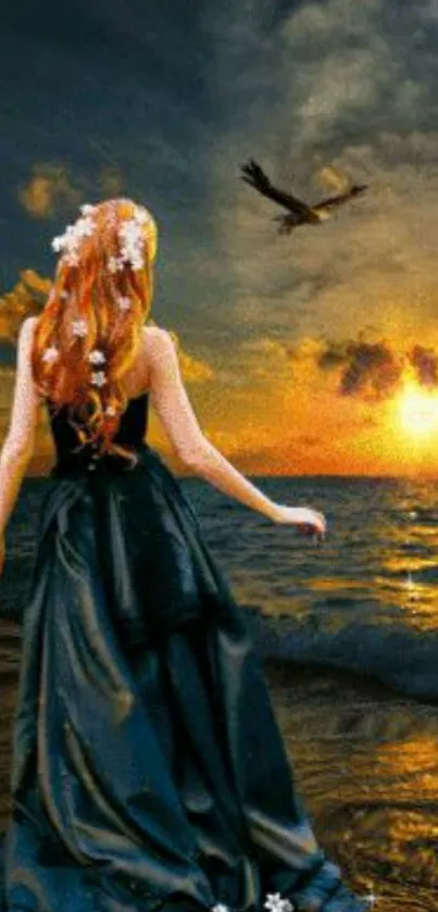 Woman in black dress at sunset with ocean and ship.