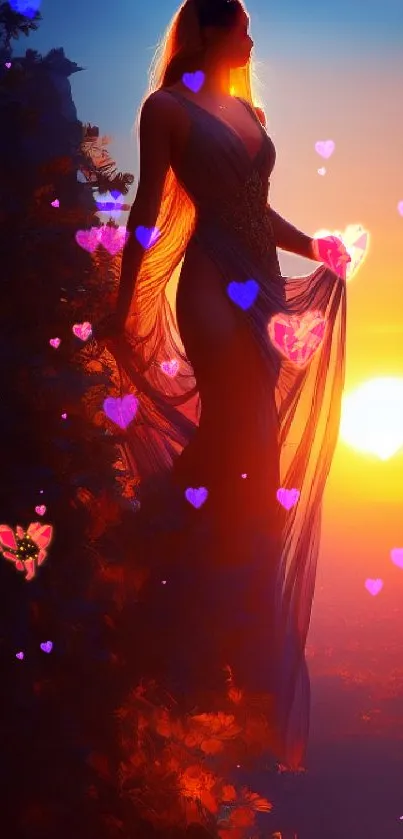 Silhouette of a woman in a dress against a vibrant sunset sky.