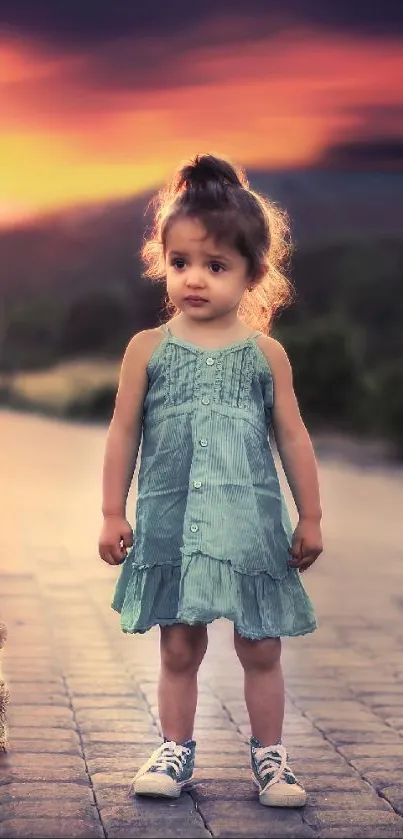 Little girl and small animal walking at sunset on a scenic path.