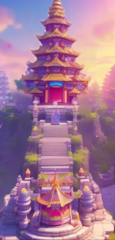 Fantasy temple surrounded by colorful trees at sunset.