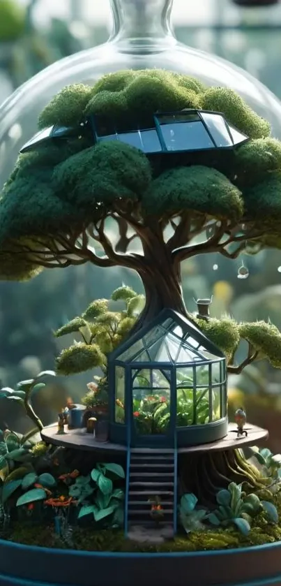 Miniature treehouse in a glass terrarium, lush green setting.