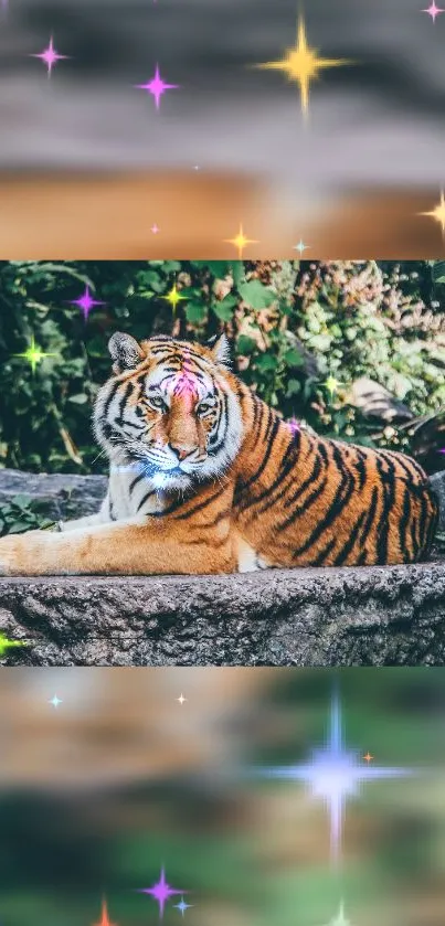 Majestic tiger lounging in a magical, sparkling forest setting.