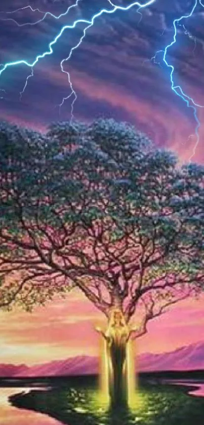 Mystical tree with lightning under a vibrant sunset sky.