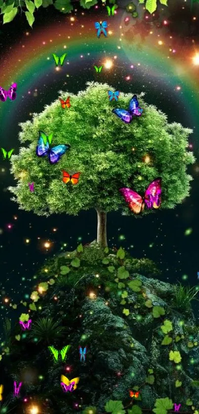 Enchanting tree with butterflies and a rainbow in magical setting.