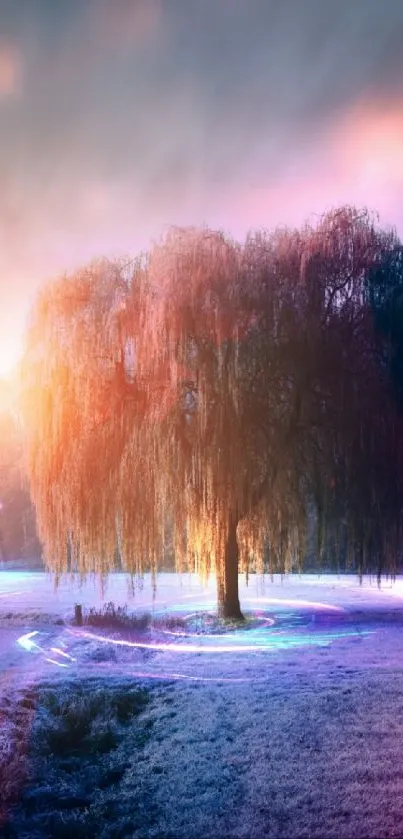 Enchanting tree with vibrant sunrise hues creating a mystical ambiance.