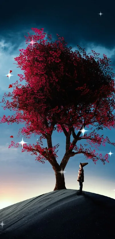 Silhouette of a person under red tree on a hill with dramatic sky.