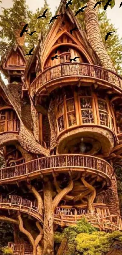 Majestic treehouse surrounded by forest greenery.