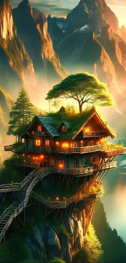 Treehouse nestled in sunlit mountains with lush greenery.