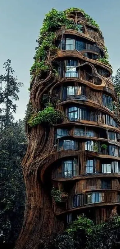 Dynamic treehouse tower surrounded by lush forest, showcasing nature and architecture.