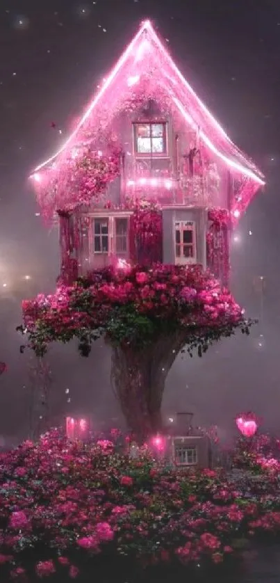 Pink illuminated treehouse with flowers.