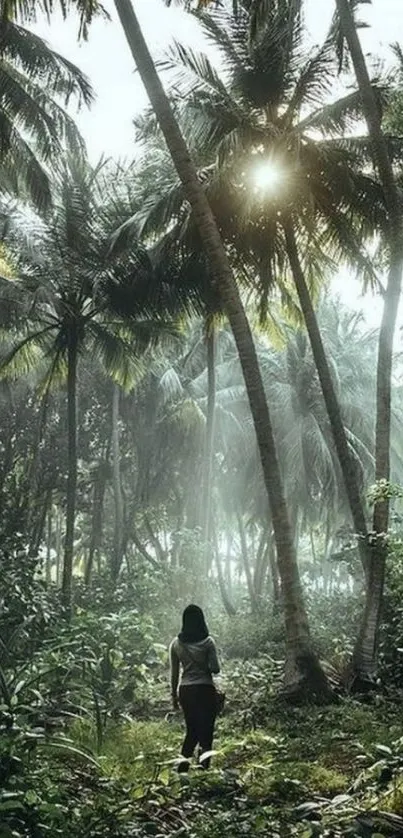 Woman walking through lush tropical forest under palm trees.