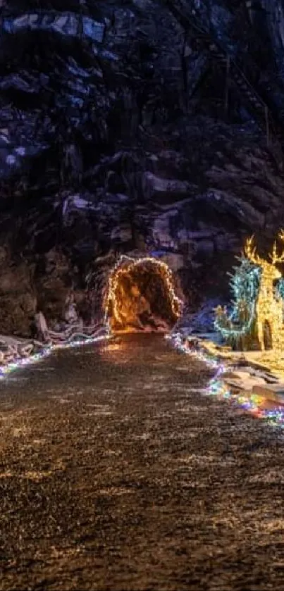 Magical light tunnel with glowing figures and colorful display path.