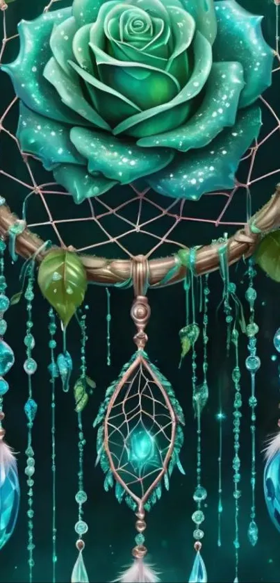 Turquoise dreamcatcher with rose center in artistic style.