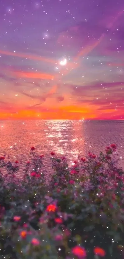 Enchanting twilight ocean with vibrant sunset and blossoming flowers.