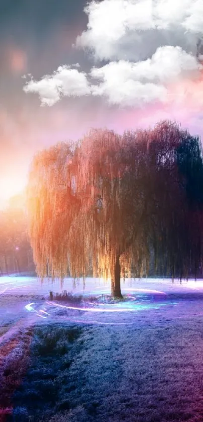 Enchanting tree in pastel twilight with glowing light trails.