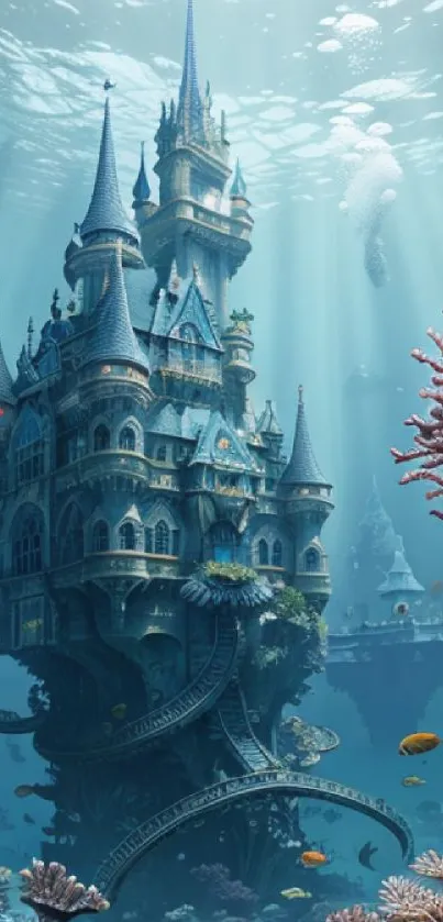 Underwater fantasy castle with vibrant marine life.