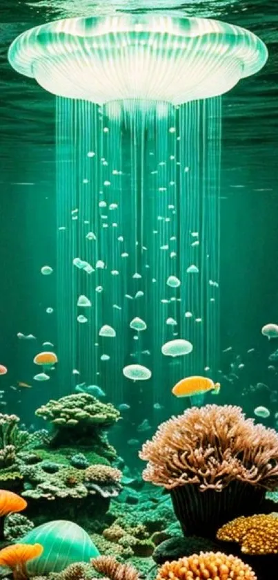 Vibrant underwater coral scene with glowing jellyfish.